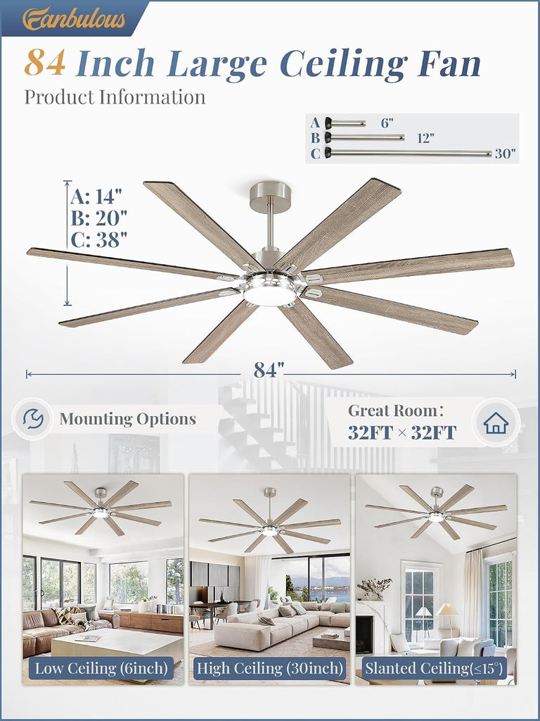 84" Ceiling Fan with LED Light and Remote - Nickel
