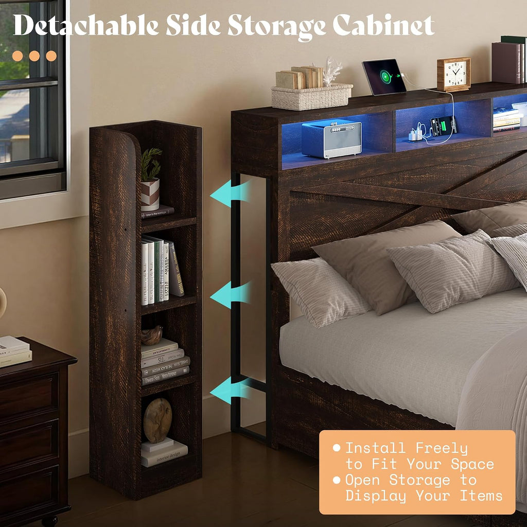 45'' Farmhouse Queen Bed Frame with 4 Drawers, LED Bed Frame with Bookcase Headboard & Side Shelves, Wood Platform
