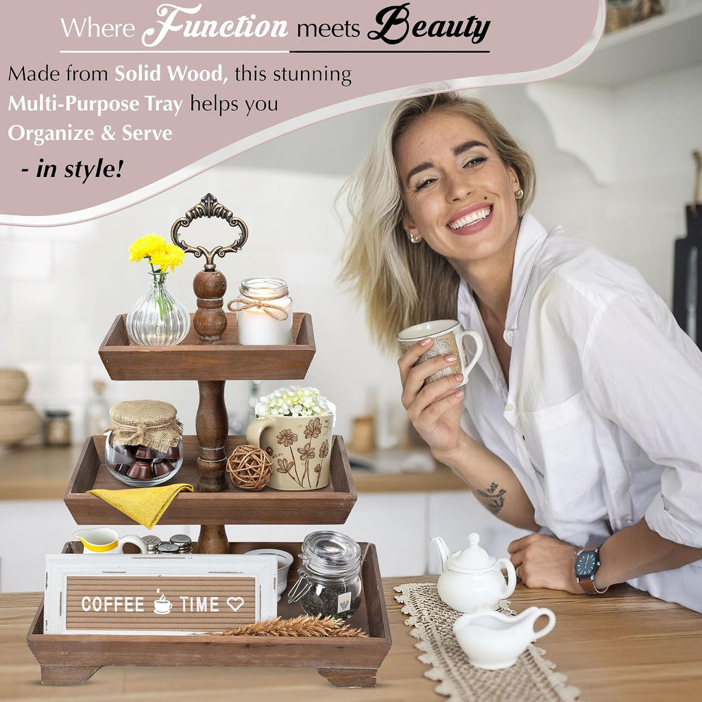 3 Tier Serving Tray [3 in 1] - Gorgeous Coffee Table Tray [Includes 3 Changeable Handles] - Can Assemble into a 1, 2