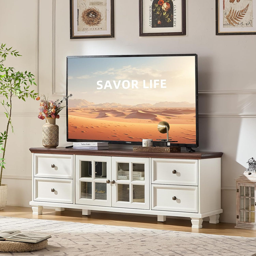 TV Stands for Living Room, Farmhouse Entertainment Center, Rustic Wood TV Stand with Drawers for 75 Inch TV, White