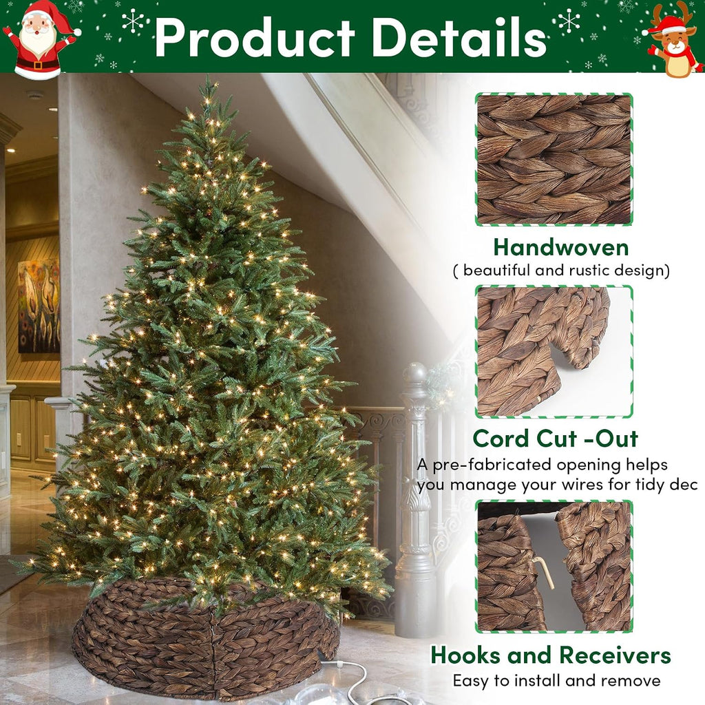 Christmas Tree Collar, 24'' Water Hyacinth Tree Collar, Woven Tree Collar with Cord Cut-Out, Rattan Wicker Tree Skirt - Set of 4