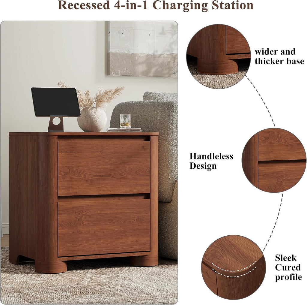 Walnut Nightstand with Charging Station, 23.6" Modern Night Stand with Unique Thickened Foot and 2 Storage Drawers