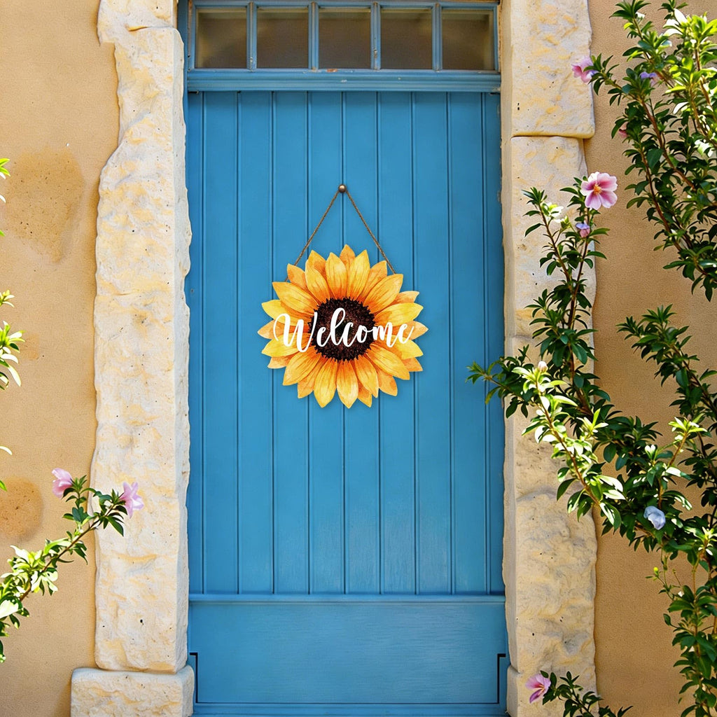 Sunflower Welcome Door Sign for Front Door Spring Summer Sunflower Hanging Wreath 10.9"x10.9" Vintage Gallery Wood