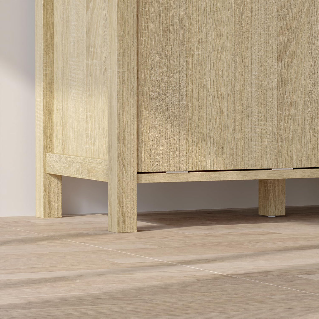 Double Tilt Out Laundry Hamper with Drawer, Hidden Laundry Hamper Cabinet with Open Shelves & 2 Tilt Out Trash