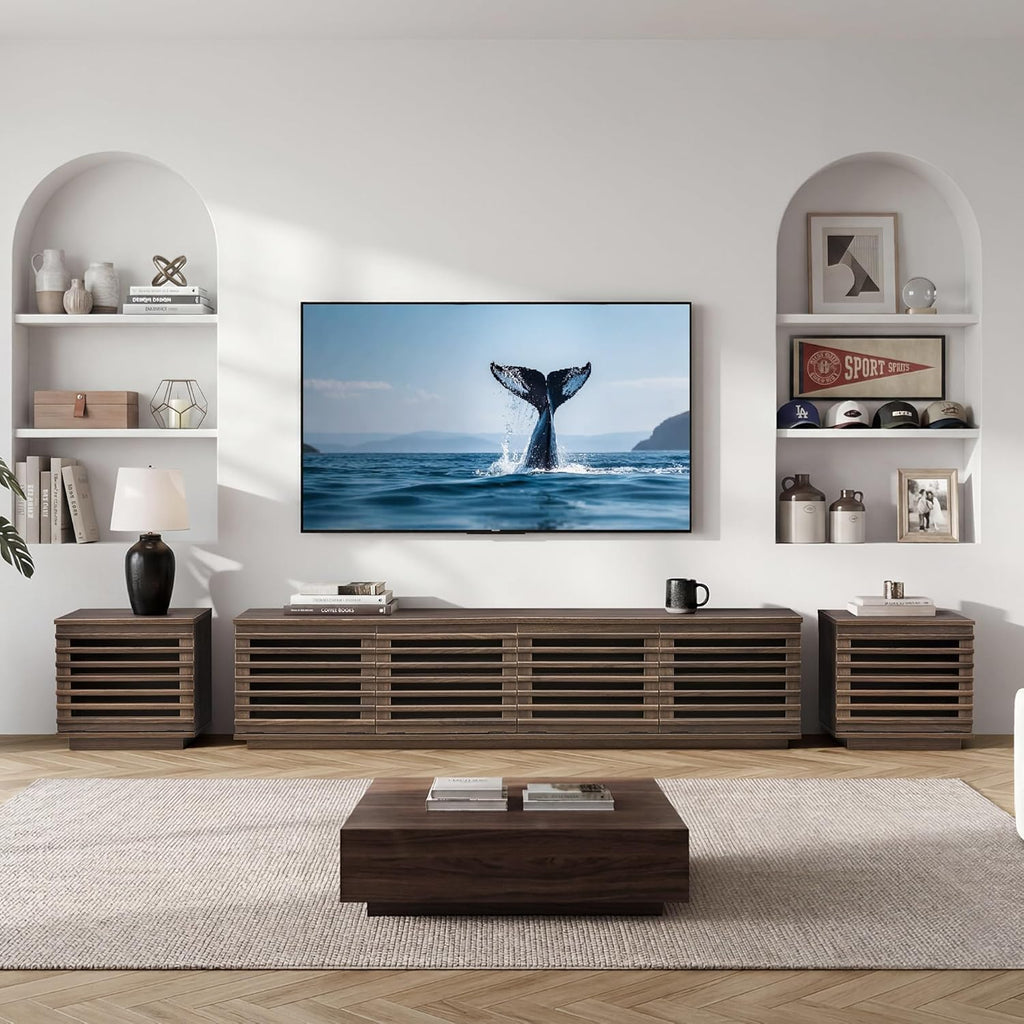 70" Modern TV Stands with LED Light for TVs Up to 75 inches, Low Profile Entertainment Center with 4 Flip-Down Door & Fluted Details, TV Media Console for Living Room, Walnut