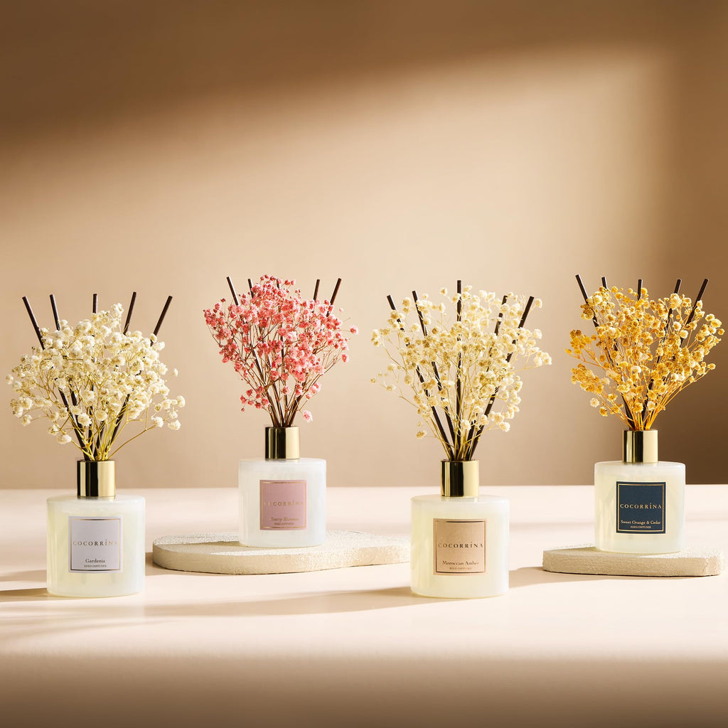 Reed Diffuser - Moroccan Amber 6.7 Fl.oz Reed Diffuser Set with Sticks & Preserved Baby's Breath, Reed Diffuser