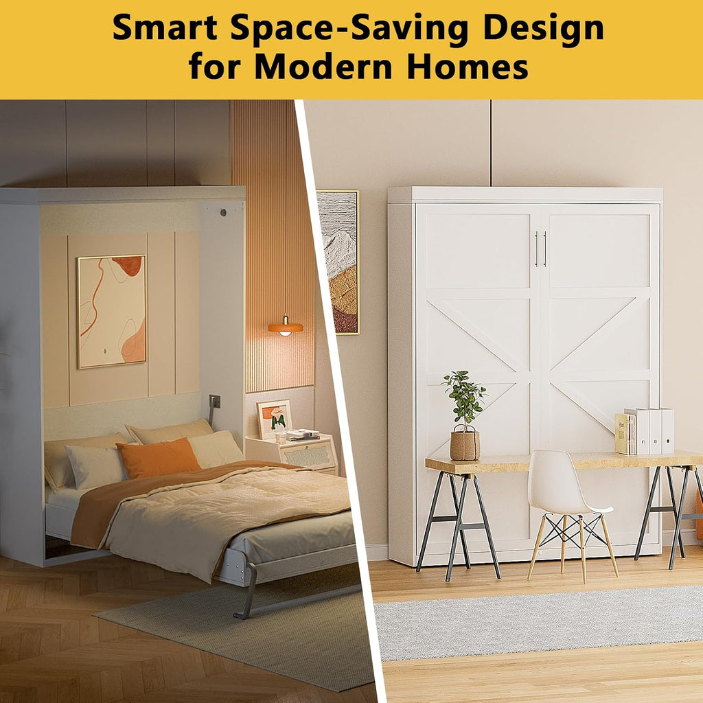 Queen Murphy Bed with Smooth Pneumatic Lift, Space-Saving Wall Bed with Modern Cabinet Design, Easy Installation