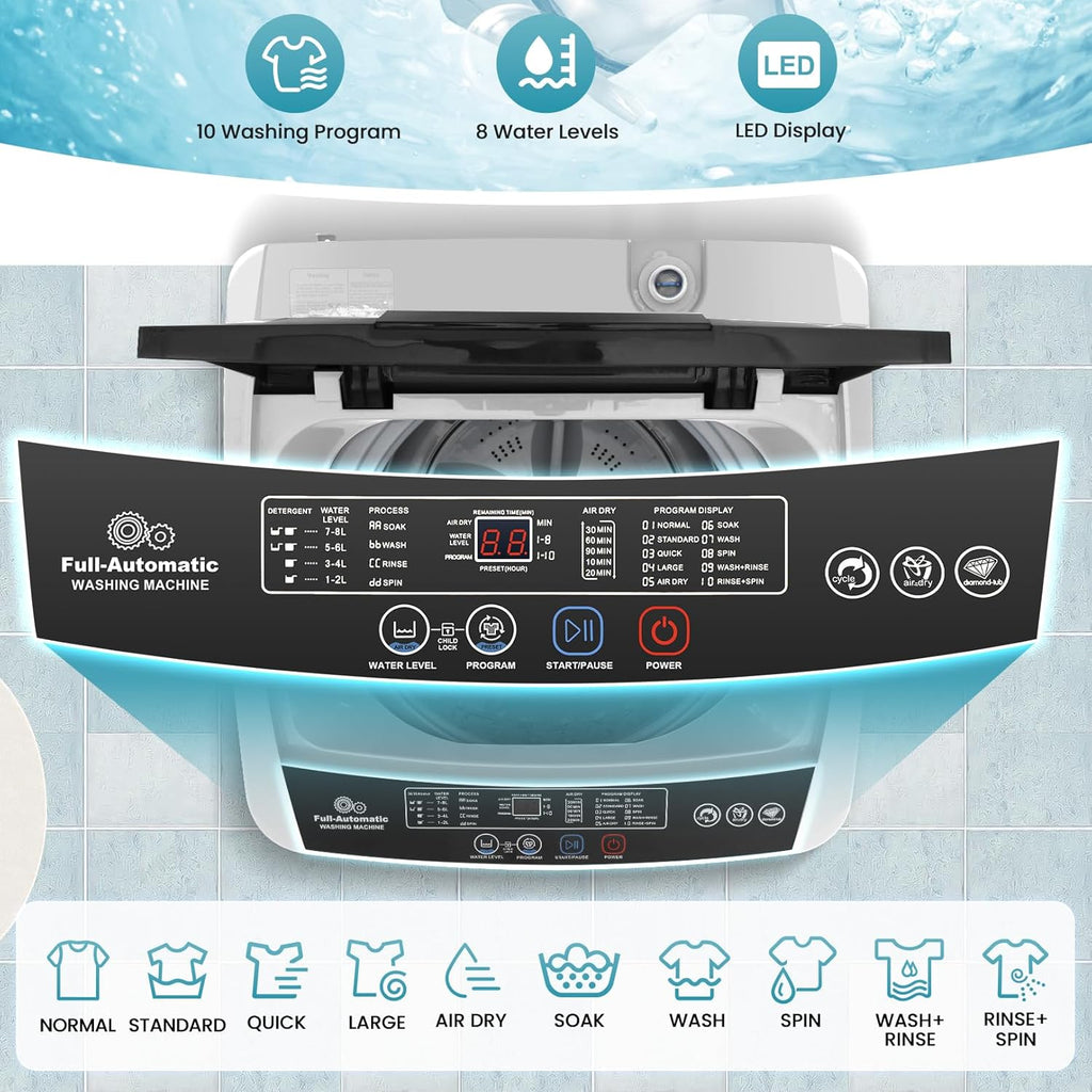 2.8 Cu.ft Portable Washing Machine, 20 lbs Capacity Full Automatic Washing Machine with 10 Wash Programs, LED Display