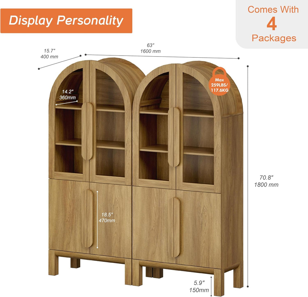 71" Tall Arched Bookshelf, 5 Tiers Bookcase with Glass Doors and Adjustable Shelves, Modern Arched Display Cabinets - Set of 2