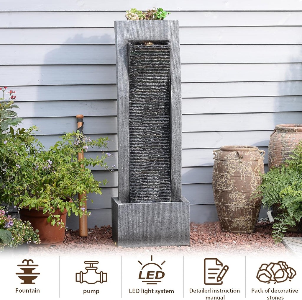 Outdoor Water Fountain, 49.2" Tall Freestanding Fountain with LED Lights & Pump