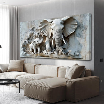 Warm Mother & Baby Elephant Texture Art Picture - Frameless Canvas Wall Art Painting, Family Room, Hallway - 58'' x