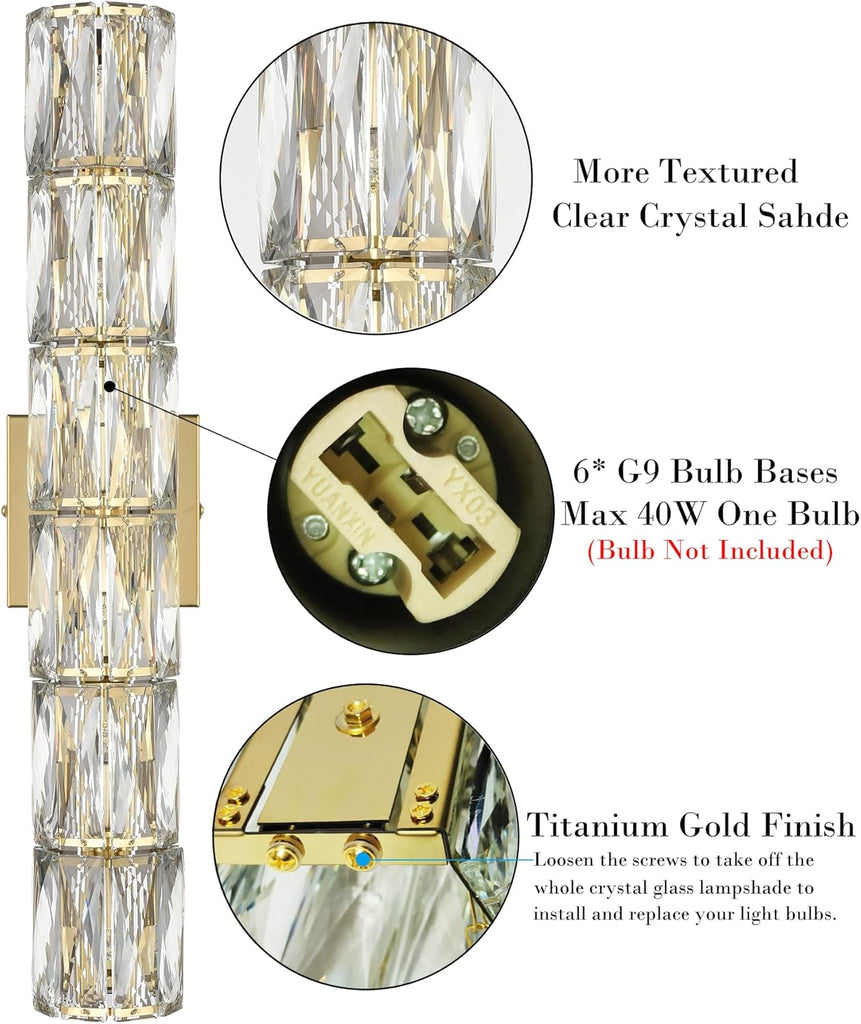 24-Inch Crystal Wall Sconce Gold Sconces Wall Lighting Mid-Century Modern 6-Light Luxury Brass Glass Wall Light
