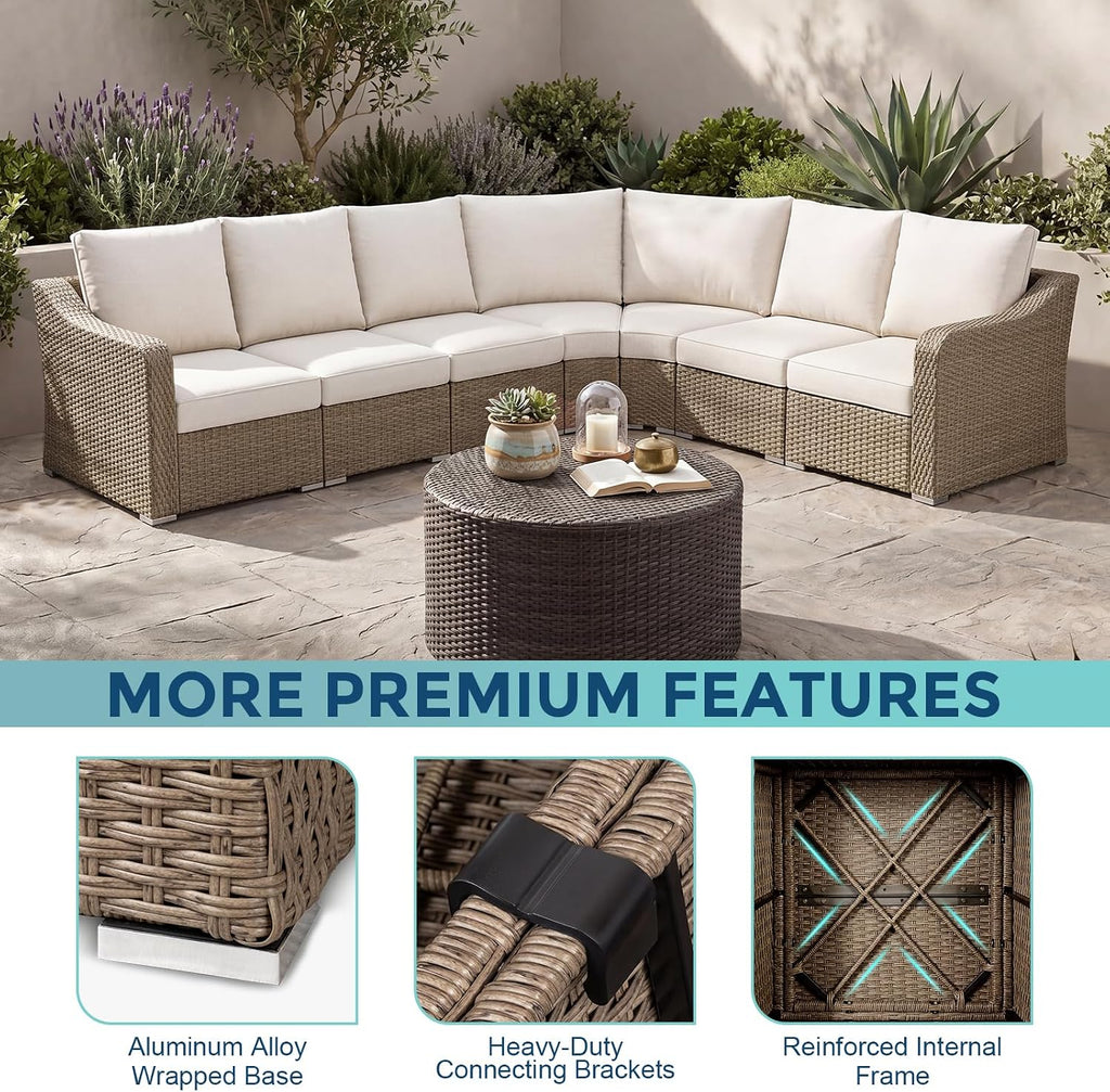 Luxury Outdoor Rattan L-Shaped Sofa, 6-Seat All-Weather Patio Sectional Furniture Set, Modular Half Round Wicker