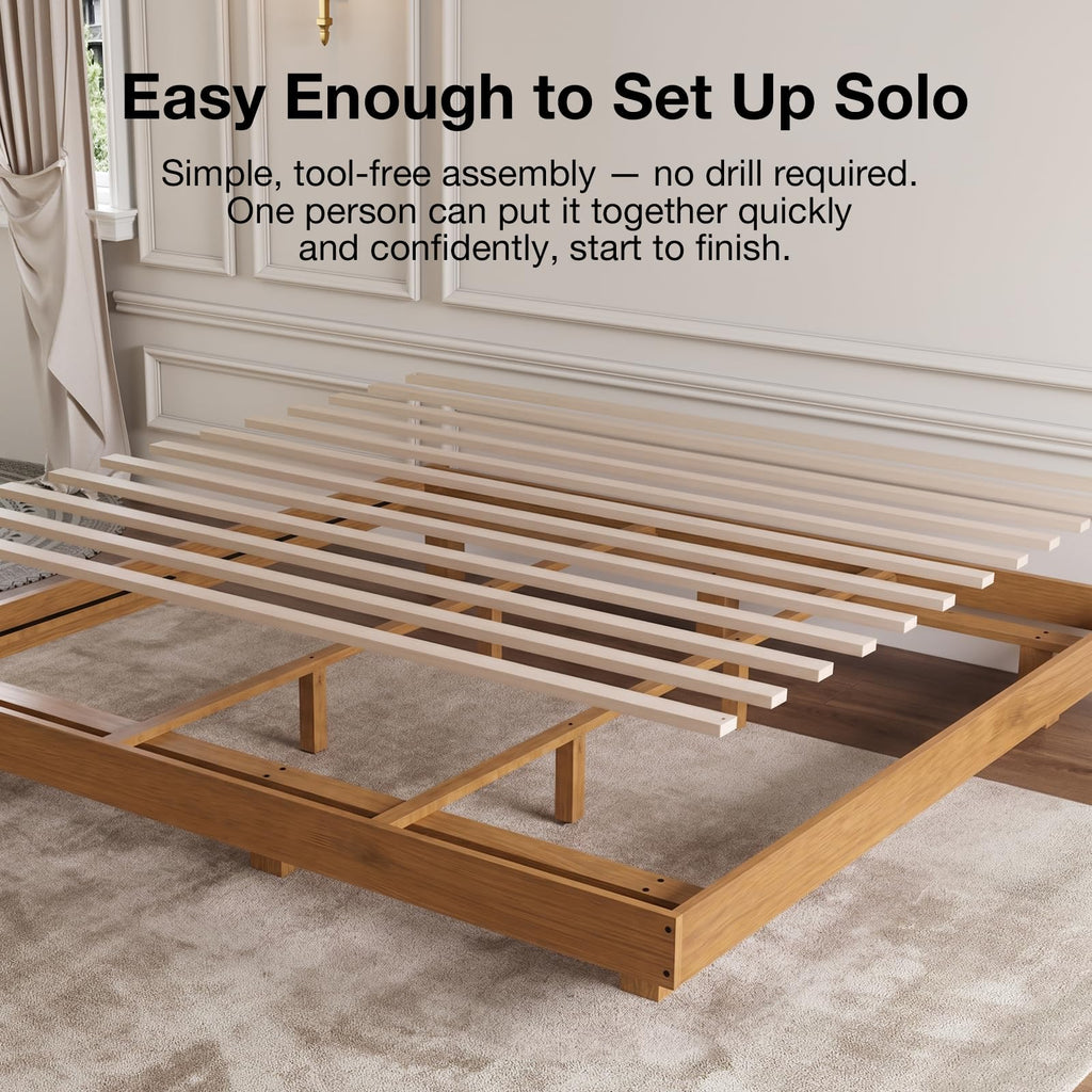 Floating Solid Wood King Size Bed Frame with Motion Sensor LED Light & Charging Station, Heavy Duty Platform Bed