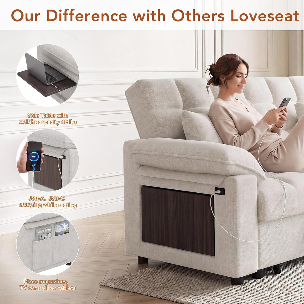 Sleeper Sofa Bed, 70" Pull Out Futon Couch with Small Table| USB Port | Side Pockets | Tool-Free Assembly |