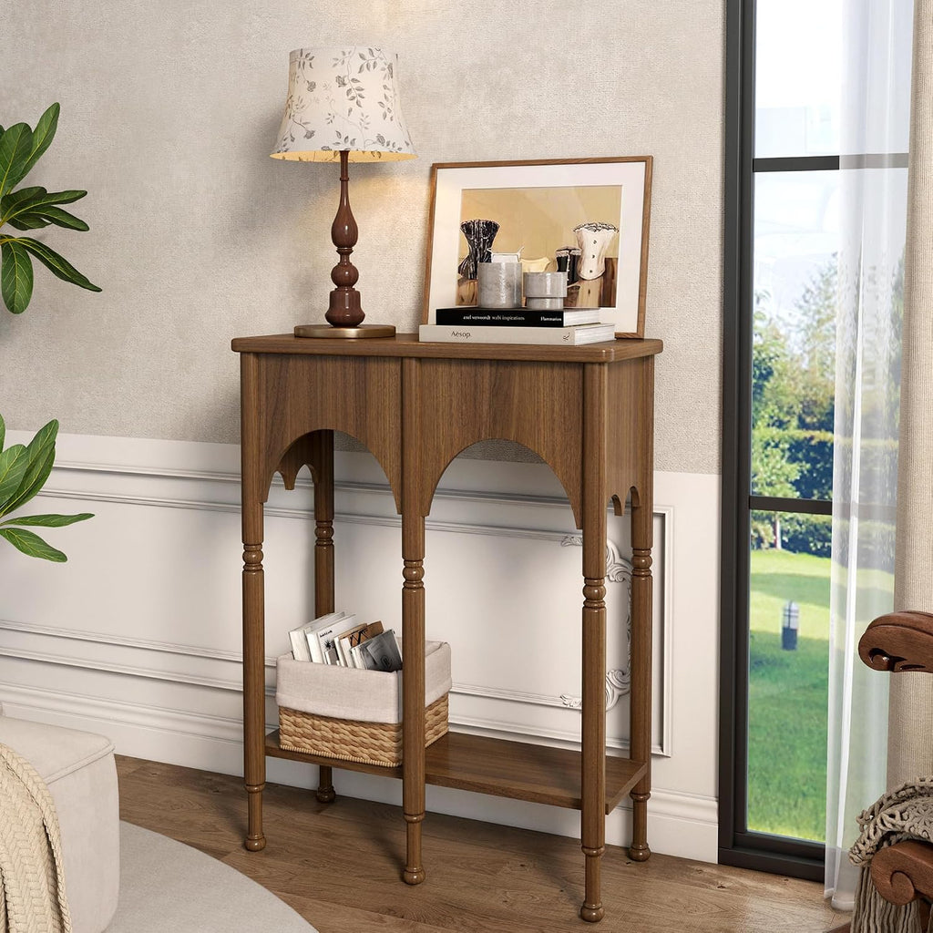 Console Table with Storage Shelf, 28" Retro 2-Tier Entryway Table, Wooden Sofa Table with Roman-Style Legs , Brown