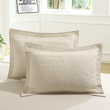 100% Cotton Quilted Pillow Sham Floral Printed Pillow Cover (King, Beige)