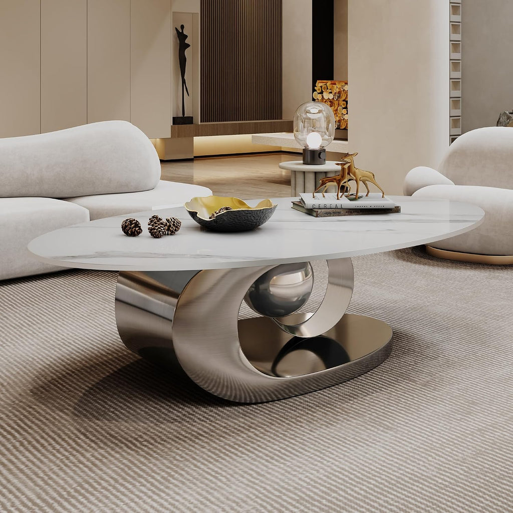 Modern Oval Coffee Table Luxury Sintered Stone Top Coffee Table with Sculptural Geometric Stainless Steel Base,Mid-Cen