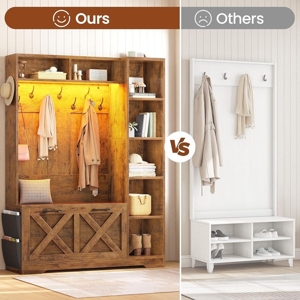 Hall Tree with Bench and Shoe Storage, Farmhouse Entryway Bench with Coat Rack, Shoe Cabinet with Flip Drawers, 7