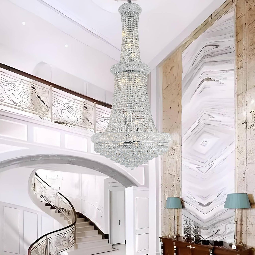 18-Lights 3 Layers Large Chrome Classic Empire Style K9 Crystal Ball Chandelier Decorative Light Fixture for High Ceiling Living Room Foyer Stair Entryway (D27.6 * H59 inches)