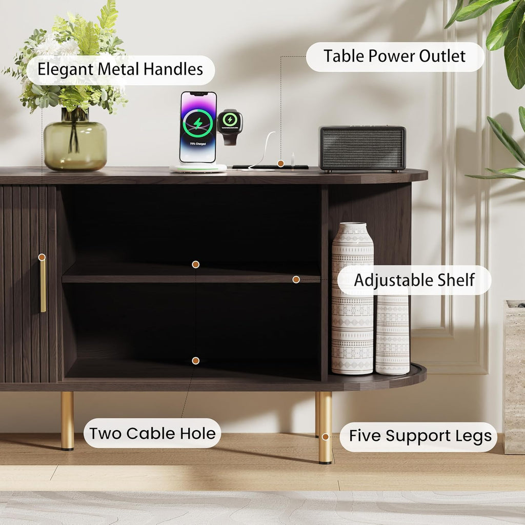 55 Inch Mid Century Modern TV Stand with Power Outlet for TVs up to 60 Inch, Entertainment Center with Storage and Adjustable Shelves, Media Console with Sliding Doors for Living Room(Dark Walnut)