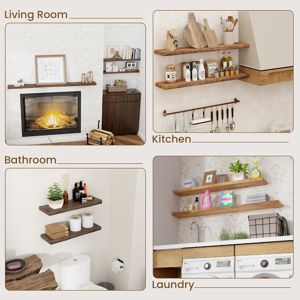 Floating Shelves for Wall Decor, Rustic Solid Elm Wood Live Edge Floating Shelves Wall Mounted, Wall Shelves with