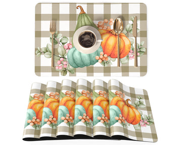 Fall Placemats Set of 6, 12"x18" PU Leather Table Mats, Harvest