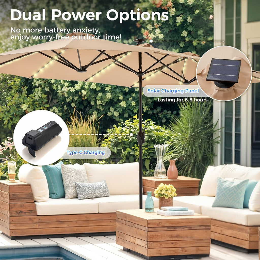 13ft Outdoor Patio Umbrella with Solar Lights, Double-sided Deck Pool Umbrella with 1.5 Inch Pole