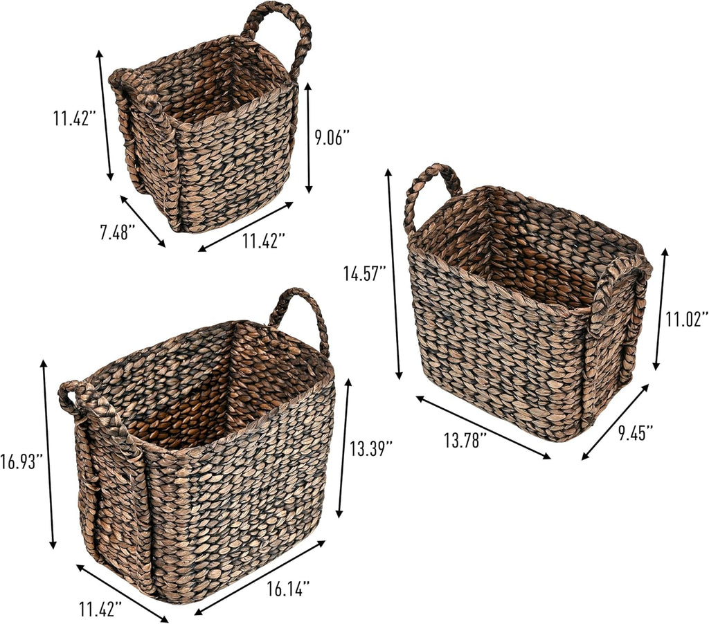 Clara 3-Piece Nesting Water Hyacinth Floor Baskets 17", Brown | Farmhouse Classic Handwoven Rectangle Wicker Seagrass