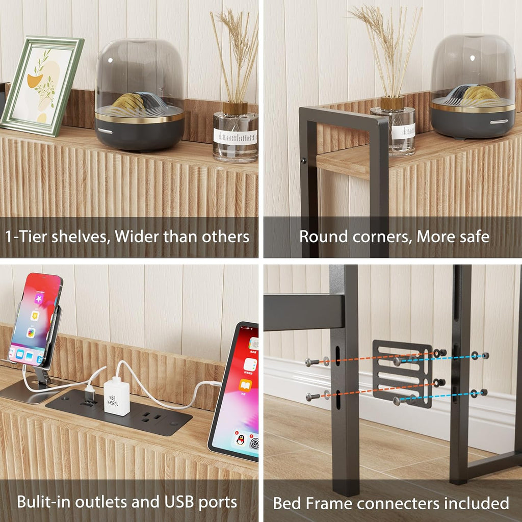 King Headboard Only with Outlets, Wall Mount Wood Fluted Headboard with Storage, Height Adjustable, Storage Rack