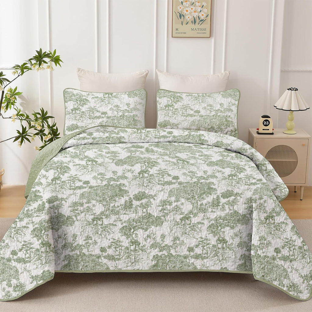 Sage Green Quilt Set King, Botanical Floral Bedspread - Set of 3