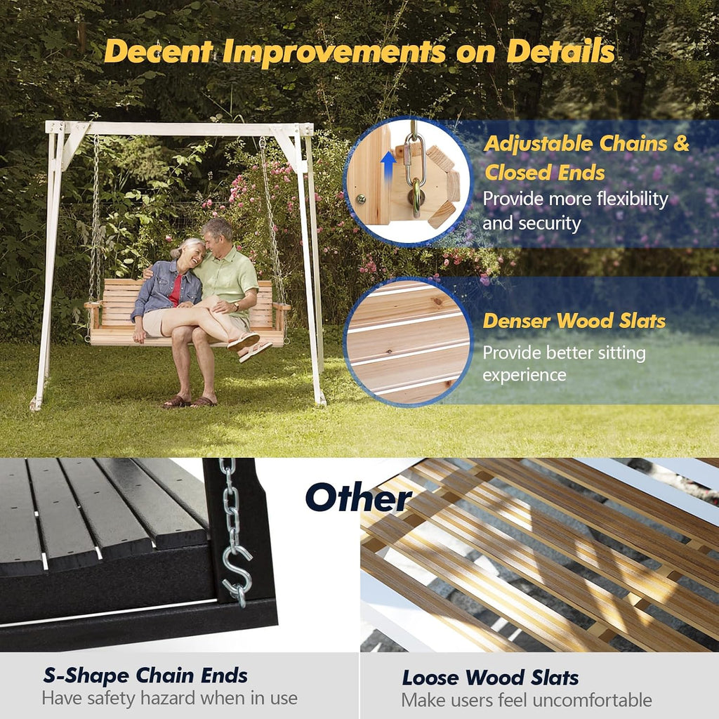 2026 Upgraded 5 FT Wooden Porch Swing, 880 LBS Heavy Duty, Natural | 2026 Upgraded Design; Heavy-Duty Wooden Swing;