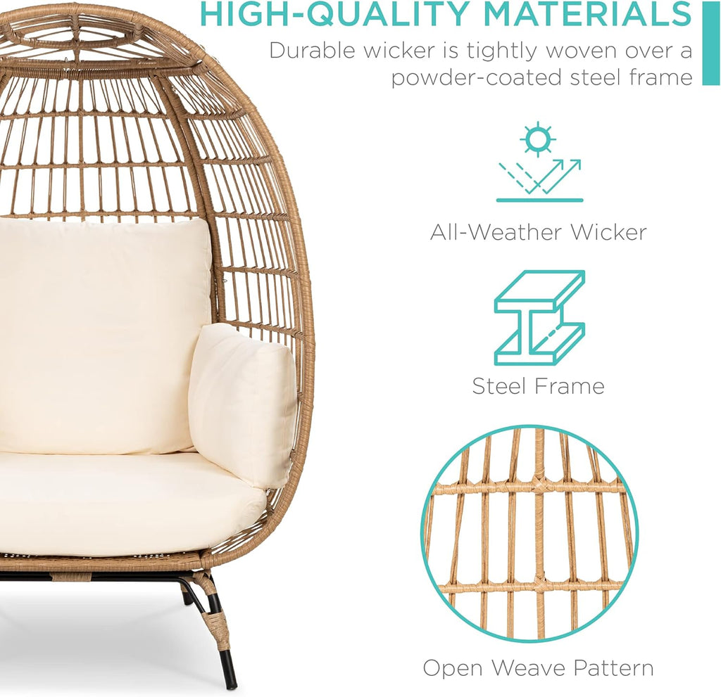Wicker Egg Chair, Oversized Indoor Outdoor Lounger , Backyard, Living Room w/ 4 Cushions, Steel Frame, 440lb Capacity