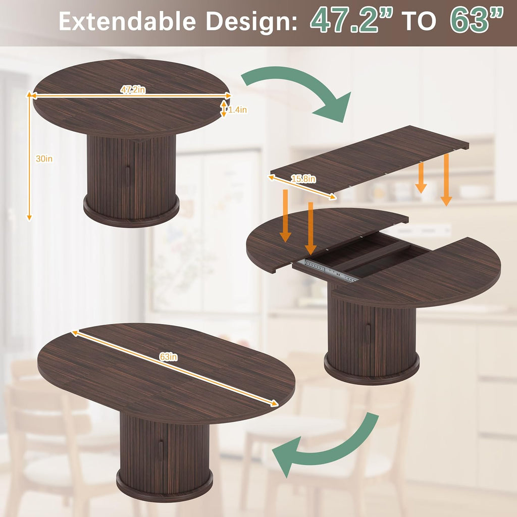 47.2" - 63" Extendable Dining Room Table for 4 - 8, Round‑to‑Oval Expandable Wood Table with Dust‑Proof 2‑Tier
