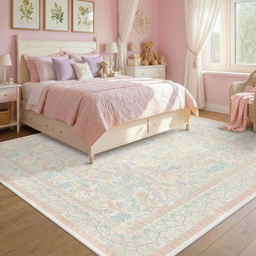 Large 8x10 Floral Cute Oushak Rug, Pink and Blue Washable French Country Area Rug Living Room, Low Pile & Soft Thin