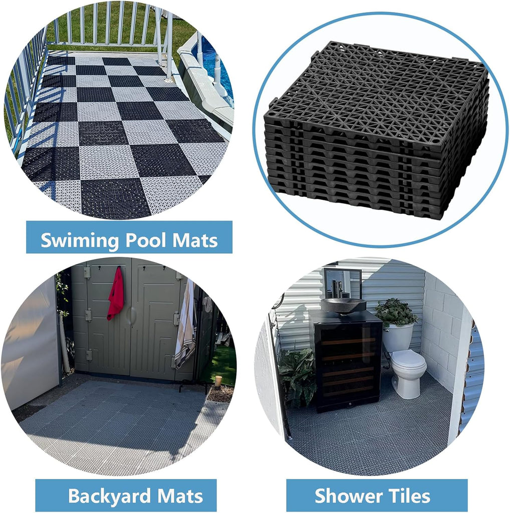 12” x 12” Drainage Interlocking Floor Tiles, 12 Pack Non-Slip Pool Deck Drain Mats for Flooring, Soft PVC Splicing