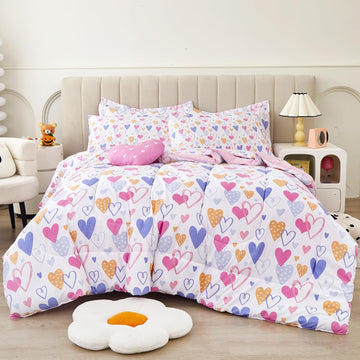 Comforter Sets for Girls Kids, 8 Pieces Bed in a Bag Pink Heart Bedding Comforter Sheet Set with Shams and