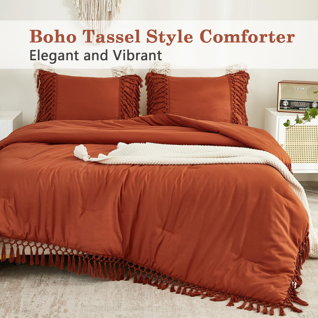 Terracotta Comforter Set King, 3 Pieces Boho Tassel Bedding