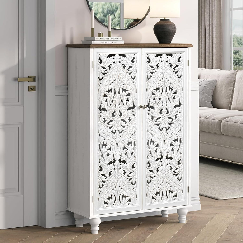 47" Tall Accent Cabinet with Carved Doors & Storage | Vertical Storage, Carved Floral Design, Mandala White Buffet