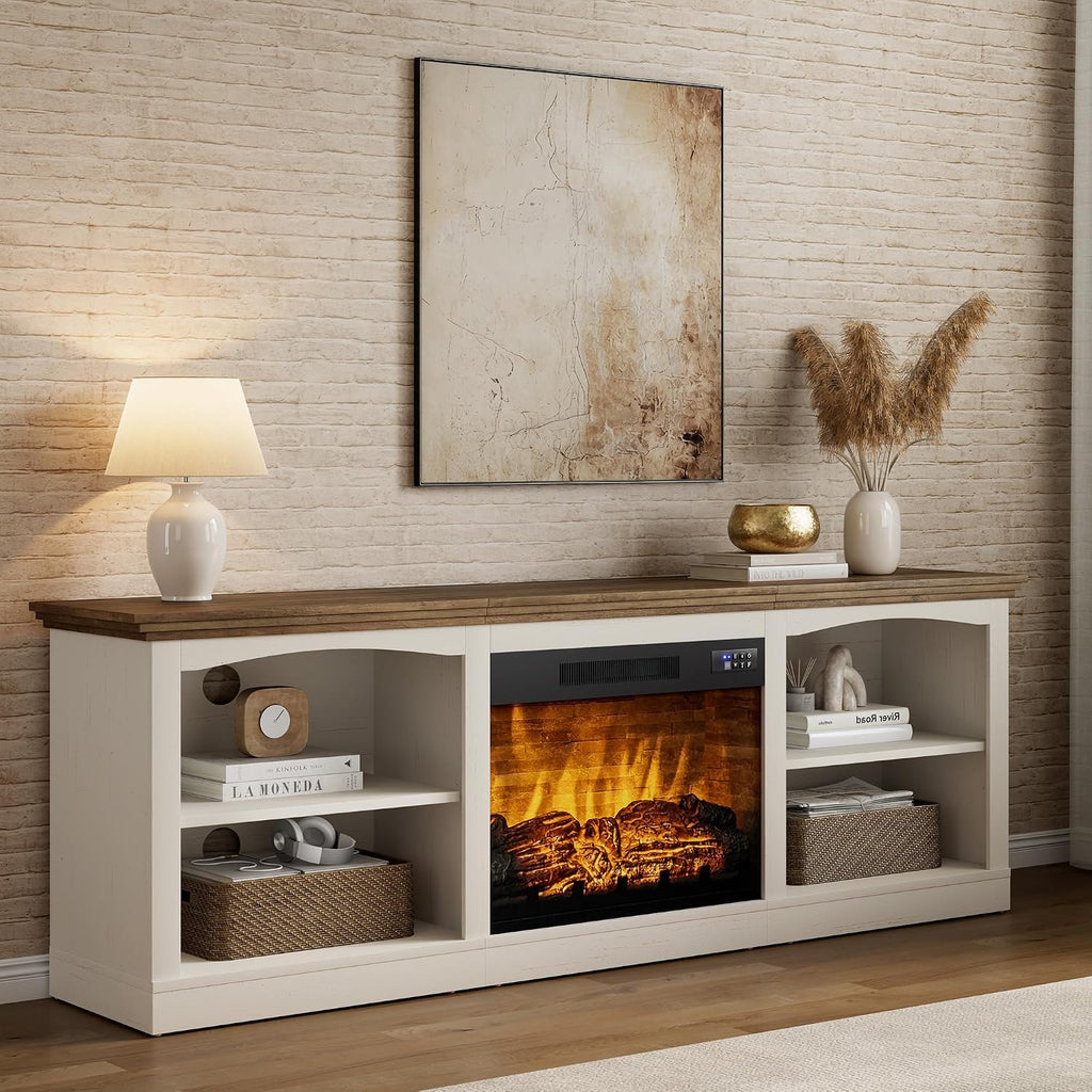 70" Farmhouse Fireplace TV Stand for TVs up to 80", Entertainment Center with 23" Fireplace, Open Shelves, One-Box