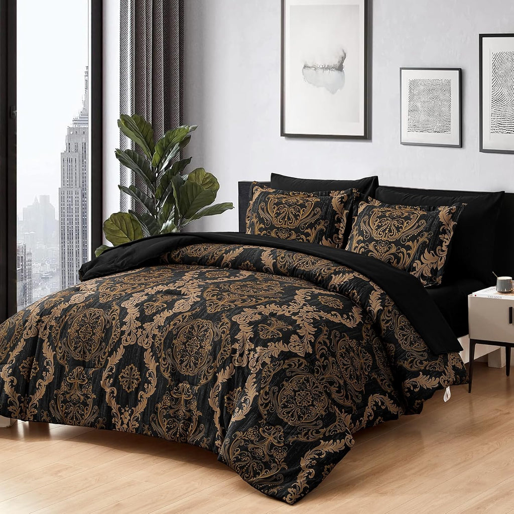 Black Comforter Set, Gold Damask Texture 7 Pieces Bed in a Bag Microfiber Comforter Bedding Sets-1 Comforter