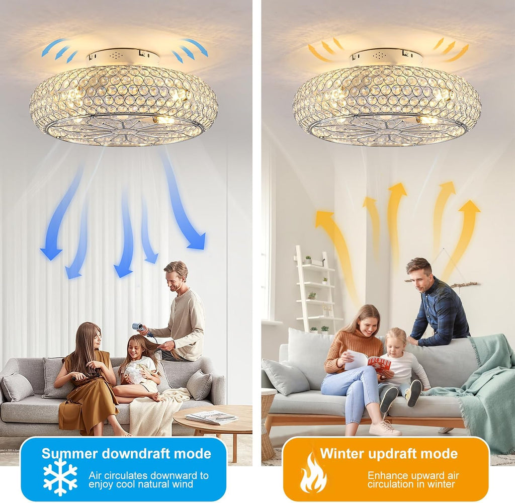 Caged Crystal Ceiling Fans with Lights and Remote,20" Flush Mount Low Profile Ceiling Fan with Light