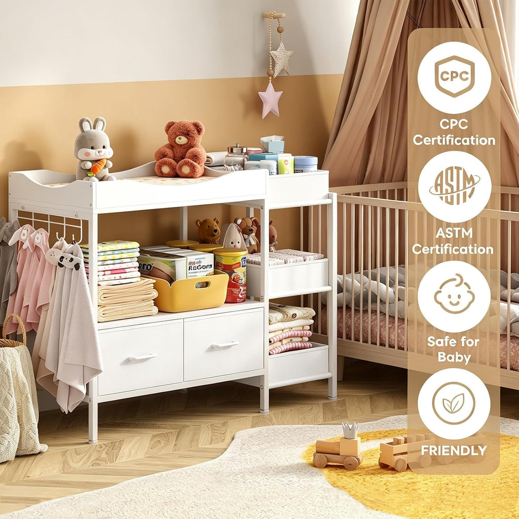Baby Changing Table with Storage,Heavy-Duty Diaper Changing Station, White Nursery Dresser Organizer with 2 Large
