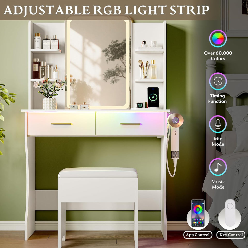 Makeup Vanity Desk with LED Lights and Mirror, Vanity Table Set with Charging Station&Cushioned Stool, 3 Lighting
