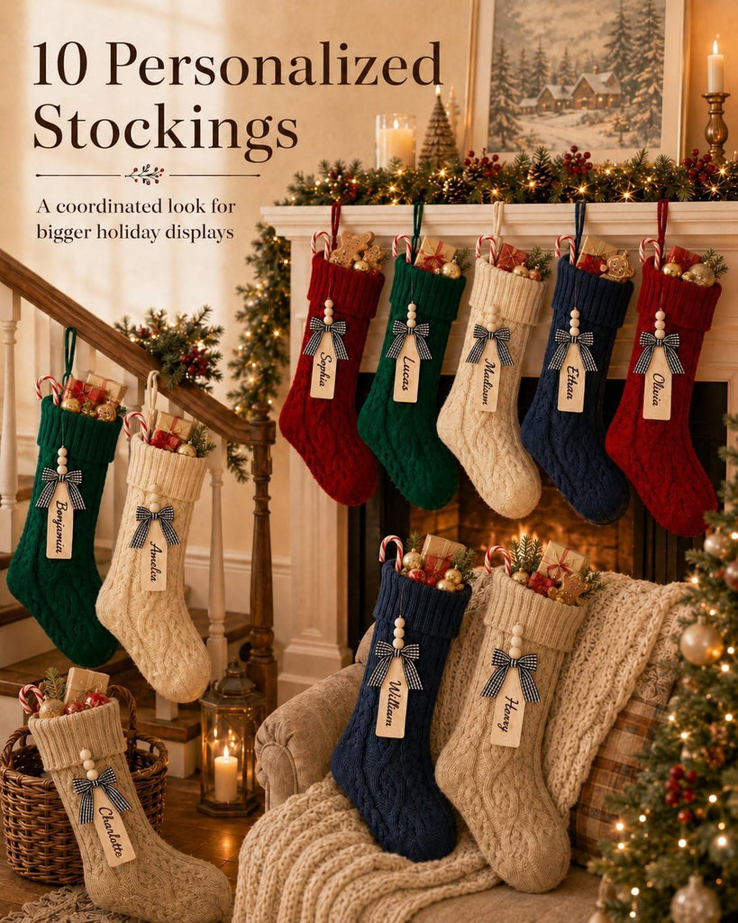 18 Inch Christmas Stockings, 10 Pack Red White Green Khaki Navy - Set of 10