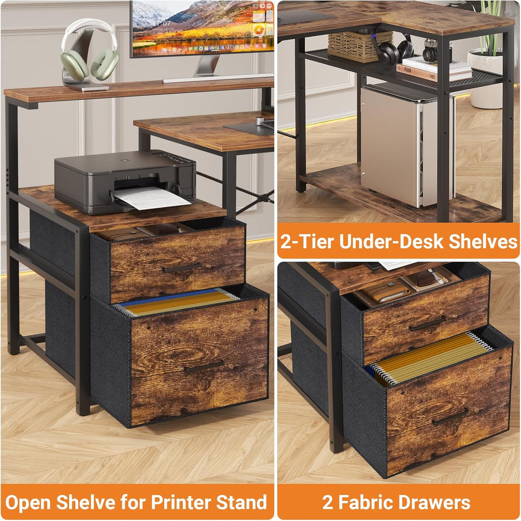 L Shaped Desk with File Drawer, Reversible L Shaped Computer Desk Gaming Desk with Power Outlet & LED Strip