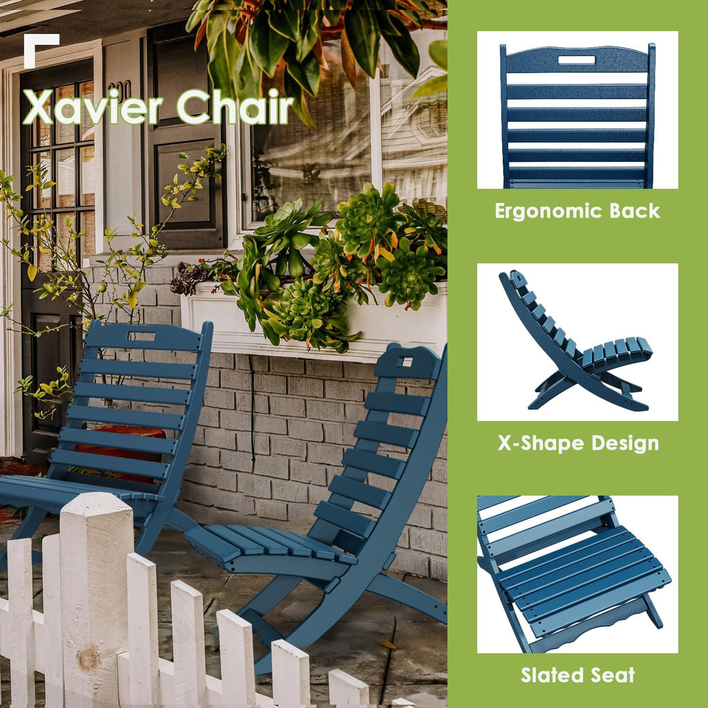 Folding-Xavier-Adirondack-Chairs Set of 2, HDPE Plastic, Blue | No Assembly Needed | Portable | All Weather | Low