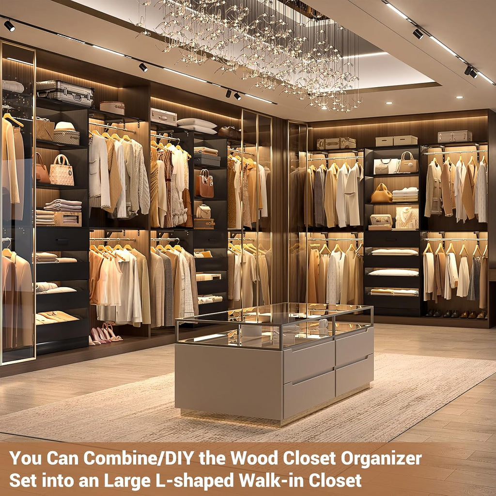 Closet System, 8FT Closet Organizer with 4 Wooden Drawers, Wood Closet Organizer System with Tower, Walk-in Closet