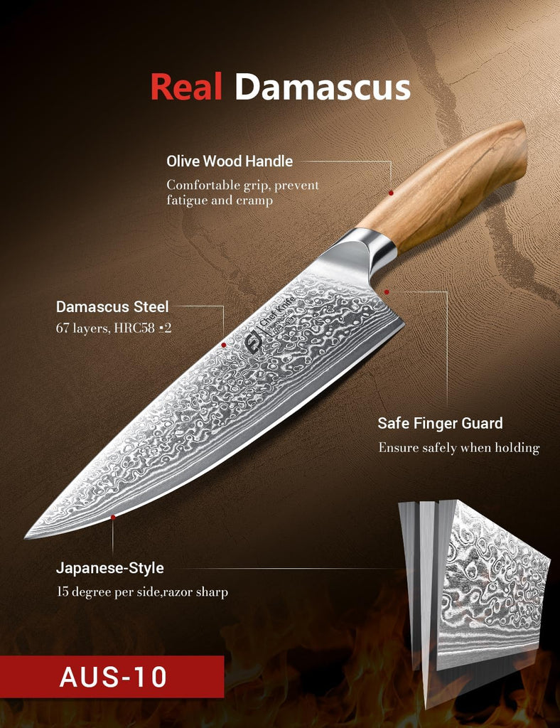 Damascus Kitchen Knife Set, 3 PCS Japanese Chef Knife Set, 67-Layers Damascus Knife with Original Olive Wood Handle