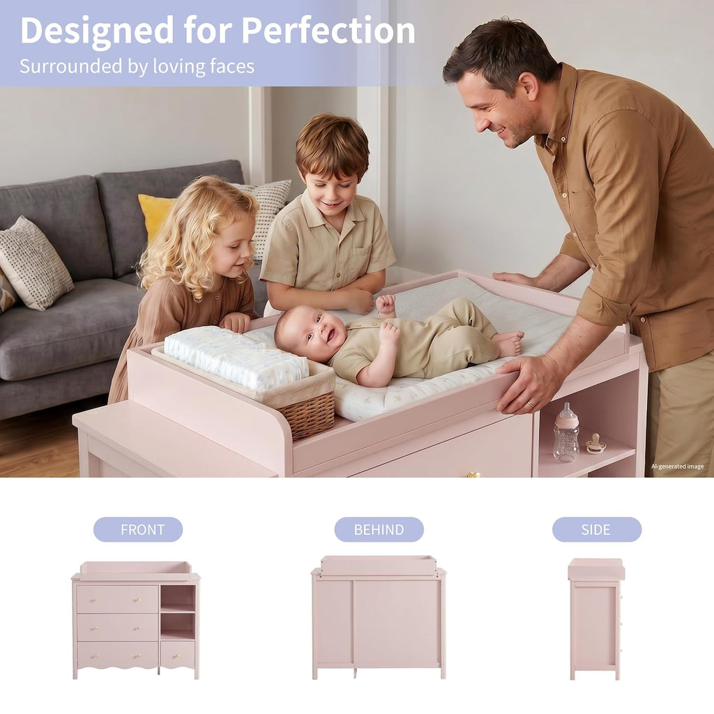 Baby Dresser with Changing Table Top Kids Dresser Pink | Nursery Dresser Wooden Small Dressers Baby Dresser Organizer